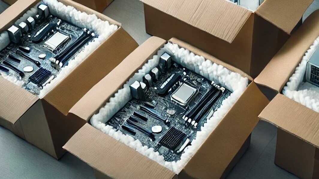 A person in suit and gloves is packing IT equipment into cardboard boxes lined with protective material, surrounded by other open boxes and a tall rack of servers, ensuring office electronics are safely moved.